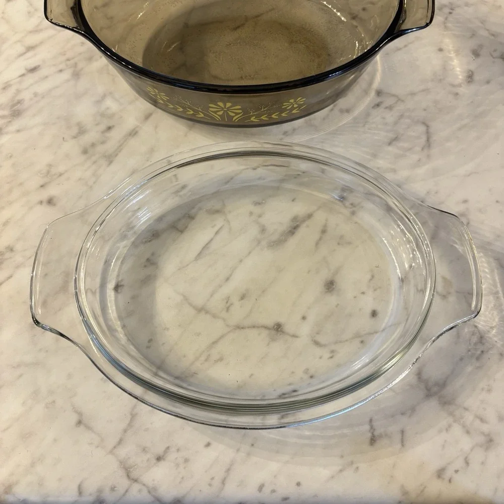 Vintage Glasbake Oval Amber Casserole Dish W Lid Yellow Daisy Flowers‎